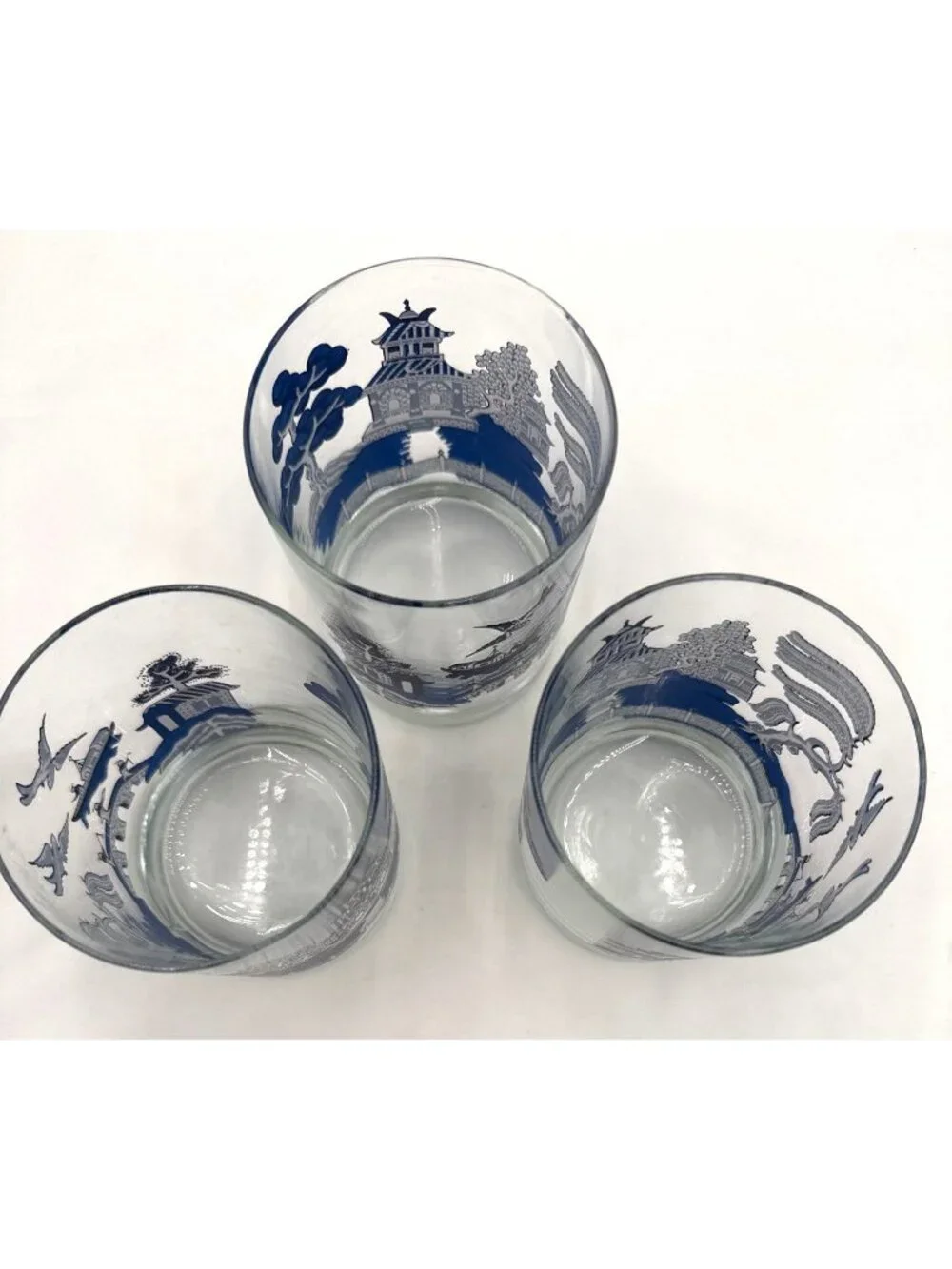 VTG Set Of 3 Blue Willow Patterned Glass Tumblers 4-Inch Height Asian-Inspired D